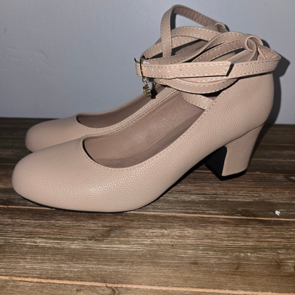 New Nude Pebbled Faux Leather Ankle Strap Block Heel‎ Pumps Rhinestone Charm 39